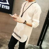 秋季韩版男士长袖衬衣男青年中长款修身型衬衫日系潮流字母白寸衫