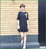 韩国HELLO MAIDEN新款包邮韩版配胸针蝙蝠袖半袖气质鱼尾裙连衣裙