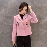 2015冬装新韩版外套显瘦卡通刺绣花呢子大衣加厚短款羊毛呢外套女