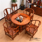 茶桌椅组合明清仿古榆木功夫茶几茶台中式实木家具雕花圆形茶桌