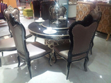 欧式新古典餐桌椅组合 圆桌 黑檀木色餐桌 黑色餐桌 实木餐桌椅