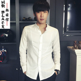 秋季韩版棉麻衬衫男夏 长袖时尚纯白色修身小立领潮男式衬衣寸衫