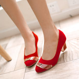 红色结婚鞋春夏新娘鞋单鞋女中跟粗跟孕妇红鞋皮鞋黑色高跟工作鞋