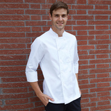 酒店厨师服夏季短袖纯白透气双排扣厨房工作服食堂餐厅饭店黑领子