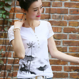 2016夏装新款短袖T恤女装中国风纯棉白色修身显瘦韩范体恤上衣