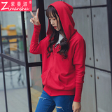 2016春夏季少女蝙蝠衫长袖连帽开衫卫衣韩版初高中学生红色短外套