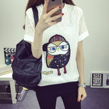 长款T恤女2016夏装新款韩版猫头鹰女装上衣蕾丝体恤宽松短袖体恤