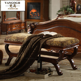 美式全实木床尾凳欧式卧室床边矮凳子古典布艺换鞋凳实木手工雕刻
