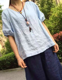 外贸日本原单宽松100%法国亚麻刺绣镂空灯笼袖V领衬衫上衣罩衫女