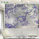 JQH535 蓝色喜鹊冰玉马赛克瓷砖拼图精精画背景墙玄关中式墙贴