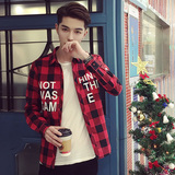 2016秋季新款韩版大方格子衬衫男青少年青春学生印花修身长袖外套