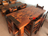 老船木餐桌古船木餐台实木茶桌椅 6人中式仿古餐桌马赛克桌椅组合