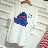 甜心家2016夏装新款女装韩版字母后背鲨鱼印花破洞短袖T恤5.10