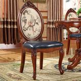 欧式餐椅实木双面雕花椅子 蓝色皮坐垫吃饭椅圆靠背布艺咖啡椅
