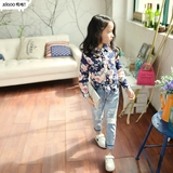 韩国气质复古印花棉质中长款儿童衬衣女童长袖衬衫2016春装新品