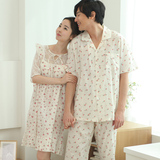 韩国情侣睡衣梭织棉质女人睡裙中袖夏季简约时尚小清新