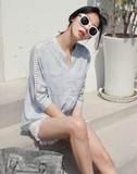 韩国代购2016夏新款潮韩版女装中长款宽松镂空套头纯棉七分袖衬衫