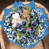 19朵蓝玫瑰送小熊上海鲜花店同城速递蓝色妖姬花束生日妇女节礼物