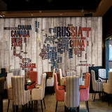 欧式怀旧仿木纹英文字母壁纸客餐厅休闲吧咖啡厅墙纸大型壁画木板