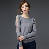 2016春装新款韩版女装宽松圆领短款毛衣女套头长袖蕾丝针织打底衫