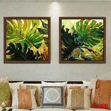 纯手绘泰式美式风格东南亚油画两联树叶挂画客厅玄关手工装饰壁画
