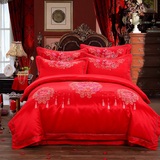 刺绣亮蚕丝绵棉绣花婚庆四件套大红结婚礼品床单被套床上用品1.8m