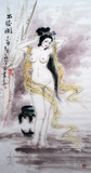 国画仕女图 刘学多手绘真迹四尺竖幅水墨美女人物画 出浴图X56554
