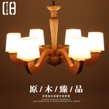 美式实木餐厅吊灯 温馨卧室灯新中式客厅大气布艺木质原木LED灯具
