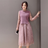 2016新款韩版针织毛线背心连衣裙套装蕾丝长裙两件套修身紫色裙子