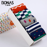 BONAS/宝娜斯2015新品5双礼盒装时尚撞色混搭男童棉袜子短袜透气