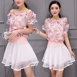 夏季新款女装2016韩国修身短袖甜美两件套欧根纱夏天套装裙子潮