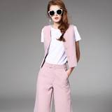 2016春夏新款女装高端品质粉色马甲九分阔腿裤弹力T恤三件套套装