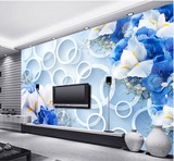 大型壁画3D立体墙纸壁纸客厅沙发电视背景墙蓝色百合花纹无缝墙布