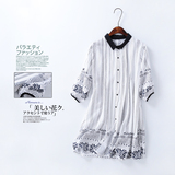 CX1609西朵家森女の心 夏季韩版民族风刺绣翻领七分袖中长款衬衫