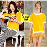2016夏装韩版小香风刘雯同款针织T恤上衣+蕾丝短裤套装黄色两件套