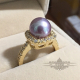 9-10mm正圆无瑕强光梦幻紫天然淡水珍珠戒指 豪镶开口戒 大气典雅