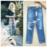 美国代购AG Jeans 复古 超高腰破洞直筒牛仔裤 国内现货