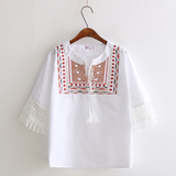 夏季女圆领上衣波西米亚民族风重工刺绣流苏系带衫甜美棉T恤短袖