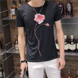 夏季男士3D印花短袖t恤纯棉青年玫瑰花复古个性印花半袖体恤潮牌