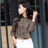 2016春秋韩版新款打底衫学生短款高腰露脐衬衣显瘦长袖格子衬衫女