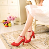 夏季防水台婚鞋红色高跟新娘鞋粗跟圆头套脚浅口单鞋水晶夜店孕妇