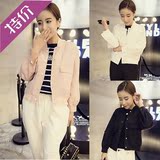 2016春季韩版新款纯色单排扣长袖短款口袋薄款夹克外套女潮上衣
