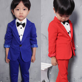 男童小西装礼服套装修身儿童西服+长裤两件套学生演出服宝蓝/红色
