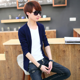 春季长袖t桖男士青少年韩版修身圆领假两件针织开衫薄款外套上衣