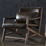 北欧实木单人沙发椅子简约现代休闲扶手复古皮阳台家具
