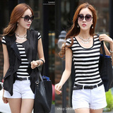 新款韩版修身短袖T恤女黑白粗条纹半袖显瘦打底衫夏季圆领上衣