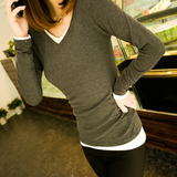 2013女秋装新款V领纯色T恤欧美风修身显瘦木代尔棉长袖T恤打底衫