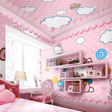 可爱大型壁画凯蒂猫hellokitty卧室主题粉红色女儿童房间卡通墙纸