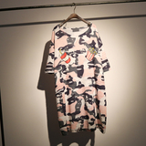 韩版粉色迷彩图案宽松大码女装个性磨破短袖T恤中长款显瘦T恤裙夏