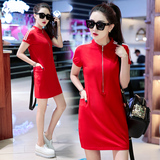 修身时尚运动女裙子2016新款夏季连衣裙中长款休闲大码韩版女装红